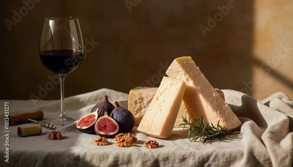 Obraz Artful Grana Padano Still Life with Figs, Rosemary, and Red Wine