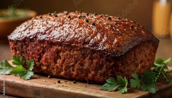 Obraz High-Resolution Close-Up of a Perfectly Cooked Meatloaf with Herbs and Spices