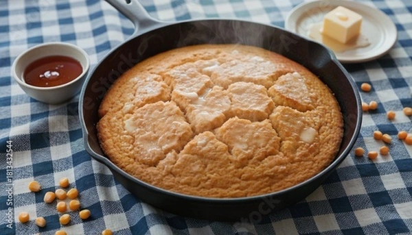 Obraz Steaming Cornbread in Cast Iron Skillet with Honey and Butter on Tablecloth