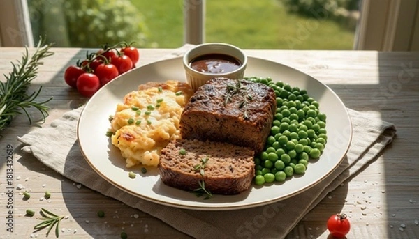 Obraz Homemade Meatloaf with Cheesy Potatoes and Peas in Natural Sunlight