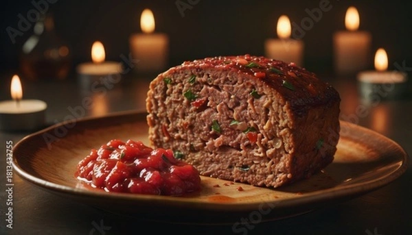 Obraz A Slice of Homemade Meatloaf with Tangy Tomato Relish in Ethereal Light