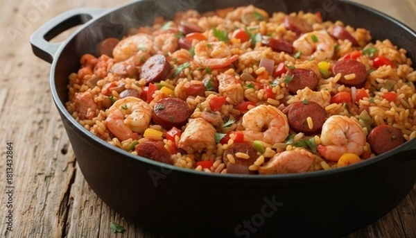 Obraz A Vibrant Close-Up of Steaming Jambalaya with Rice and Vegetables