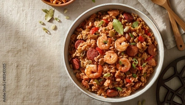 Obraz Overhead shot of a vibrant jambalaya bowl with colorful ingredients and rustic style.