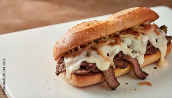 Obraz Close-up studio shot of a classic Philadelphia cheesesteak with melted provolone.