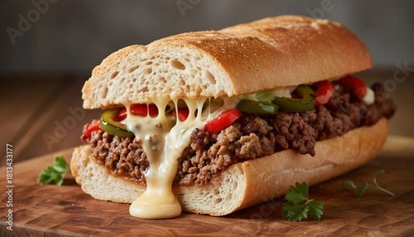Obraz Artisanal cheesesteak with minced beef, fontina, and grilled bell peppers.