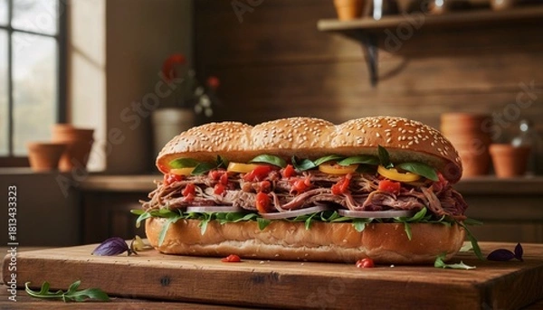 Obraz Artisan Cheesesteak with Spicy Pepper Relish on Sesame Seeded Brioche Bun