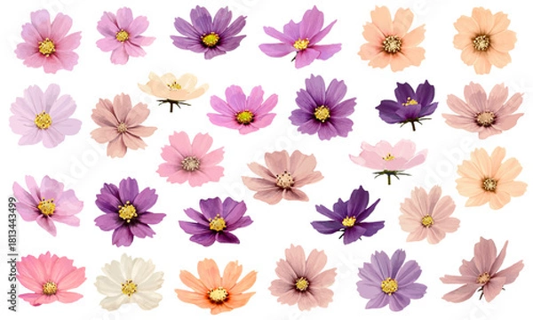 Fototapeta 水彩で描いた多彩な色のコスモスの花部分のパーツセット