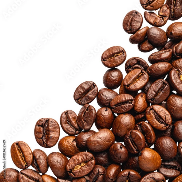 Fototapeta Roasted coffee beans pile, spilling from top corner. Isolated on transparent background