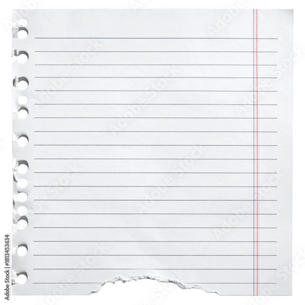 Obraz Single sheet of ripped or torn lined notebook paper with a hole punched edge. Isolated on transparent background.