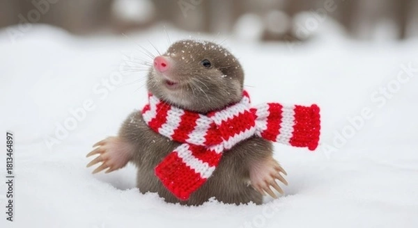 Fototapeta Cute mole wearing red and white striped scarf in snow