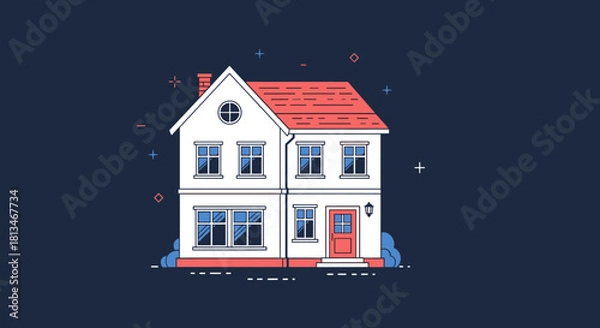 Obraz Clean and simple illustration of a two-story house with a red roof and blue windows on a dark blue background.