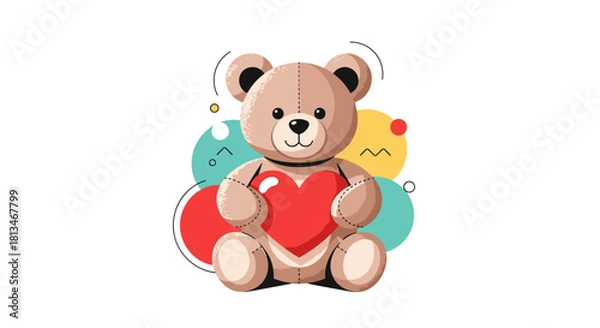 Obraz Cute cartoon teddy bear holding a red heart with colorful abstract shapes in the background.