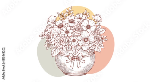 Obraz Line art sketch of a floral bouquet in a decorative vase tied with a ribbon.