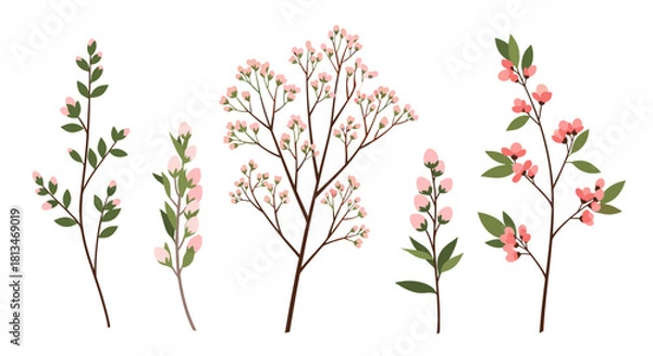 Obraz Collection of delicate pink flowering branches with green leaves on a white background.