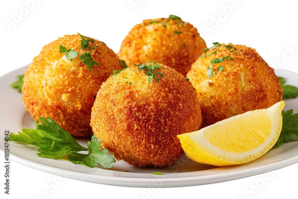 Fototapeta Fried risotto balls with parsley and lemon