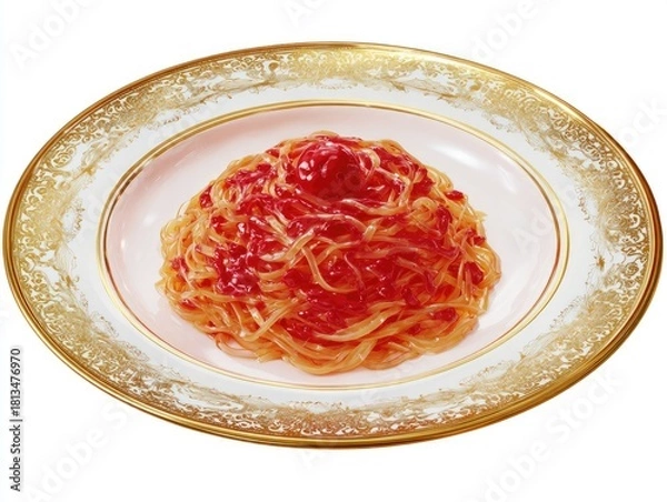 Obraz A mound of pasta, coated in a vibrant red sauce, sits on a decorative, ornate plate