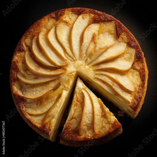 Fototapeta A round, golden-brown pear tart, with sliced pears radiating outward, sits on a dark surface. A slice is removed, revealing the custard-like interior