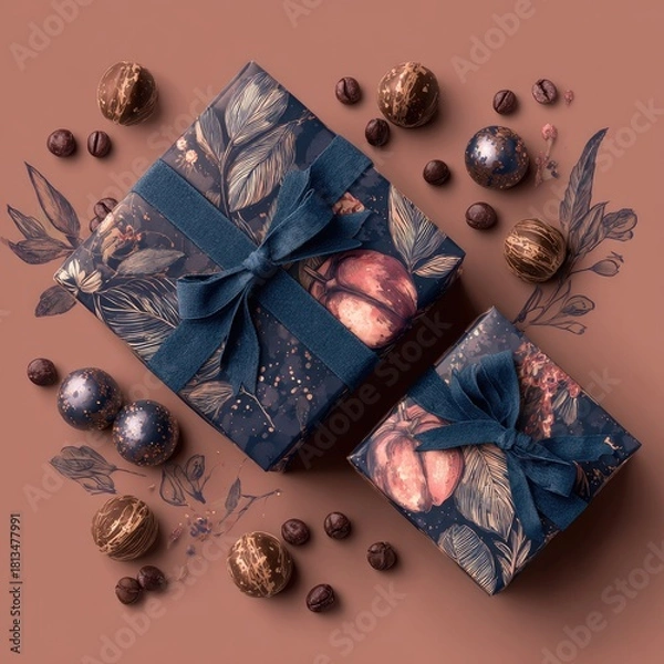 Fototapeta Two gift boxes, navy blue with floral and botanical patterns, nestled amidst coffee beans and nuts, on a muted rose-brown background.  Dark navy blue ribbon bows complete the gifts