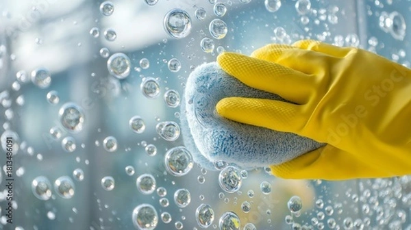 Fototapeta A hand wearing a yellow rubber glove wipes a window with a soft sponge, removing water droplets and revealing a clear view outside in a well-lit setting