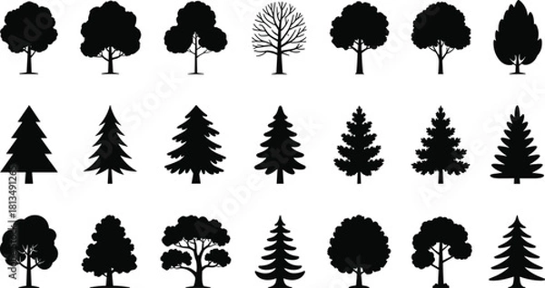 Fototapeta Assortment of black silhouette trees with rounded and conical shapes on white Keywords: tree, trees, silhouette, black, nature