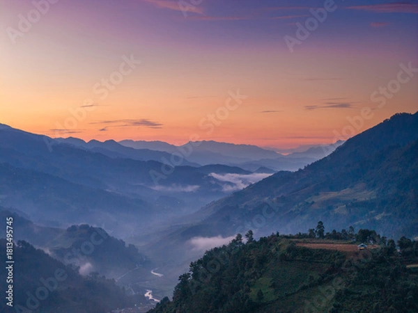 Fototapeta Aerial view of golden rice terraces in Kim Noi commune at Mu Cang Chai town near Sapa city, Vietnam. Beautiful terraced rice field in harvest season in Yen Bai province