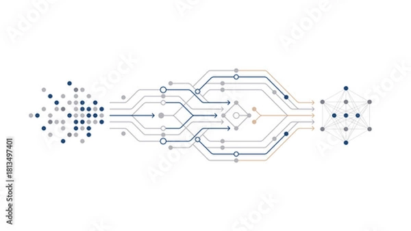 Fototapeta Abstract visualization of data transformation process, showing raw input dots flowing through complex network into structured neural network machine learning model