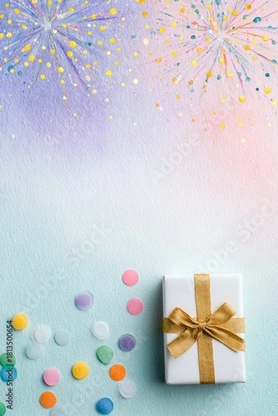 Fototapeta A beautifully wrapped gift box sits against a colorful backdrop with confetti and colorful splashes, perfect for celebrations or special occasions.