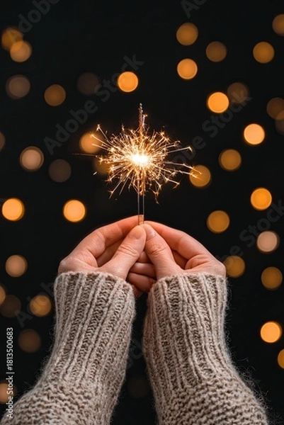 Fototapeta A cozy moment captured with hands holding a sparkling firework. The warm glow of lights creates an enchanting atmosphere, celebrating joy and connection.