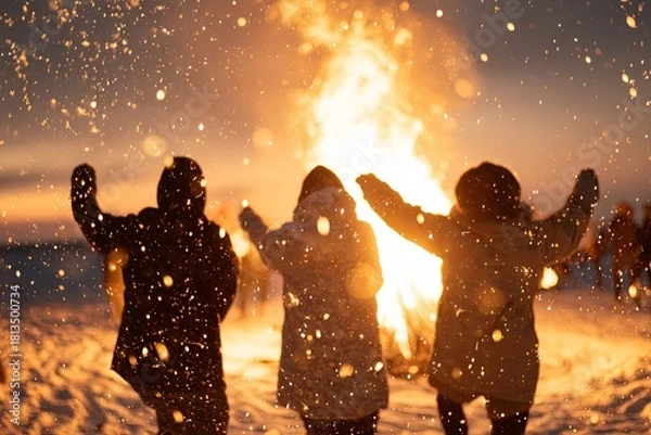 Fototapeta A joyful gathering of friends around a bonfire, dancing and enjoying the warmth amidst falling snow. A perfect winter evening full of laughter and light.