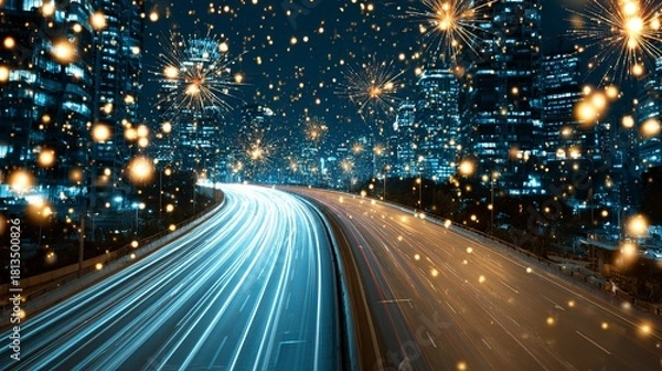 Fototapeta A night scene of a city highway illuminated with dynamic light trails, showcasing the movement of cars amidst a vibrant urban backdrop.