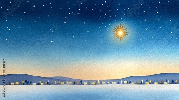 Fototapeta A serene winter landscape featuring a starry sky and a bright sun illuminating the horizon, creating a peaceful atmosphere for reflection and inspiration.