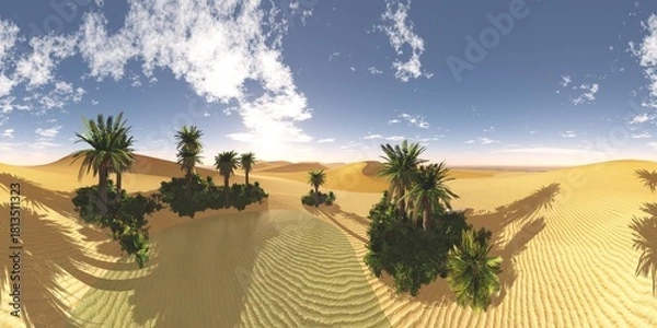Fototapeta HDRI High resolution map. environment map, Round panorama, spherical panorama, equidistant projection, panoramic landscape of the oasis in the desert, 3D rendering