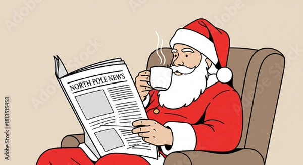 Fototapeta Jolly Santa Claus enjoys a peaceful morning, unwinding in his favorite armchair with a warm drink and a daily newspaper, preparing for holiday cheer