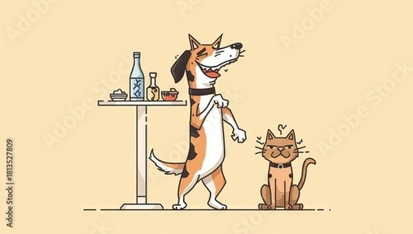 Obraz A dog on hind legs attempting to grab food from a vendor, shocked cat in background, comic-style flat colors, clean outlines, playful and engaging street scene, caricature art