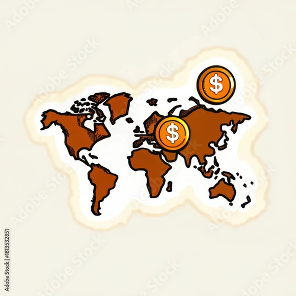 Obraz World map illustration featuring currency symbols representing global finance and security in economic transactions
