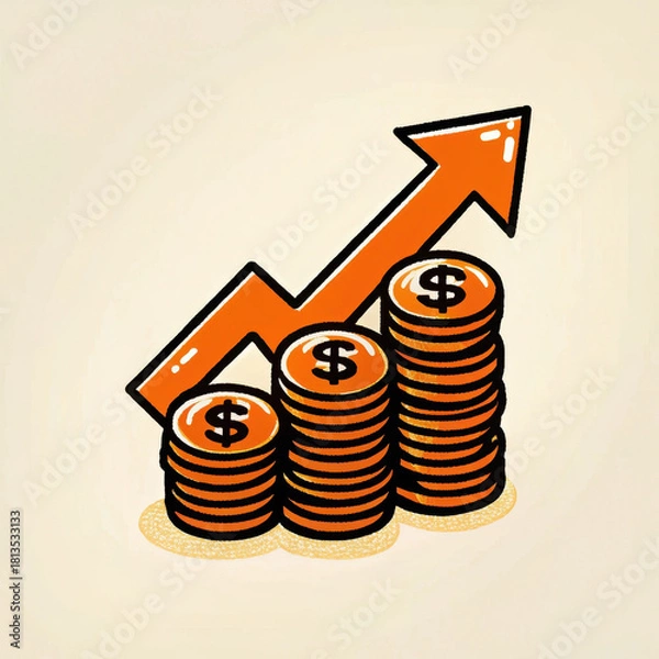 Obraz Investment in stock market shows growth with rising coins and upward arrow symbolizing financial success and prosperity