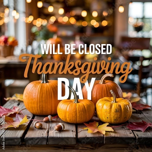 Fototapeta Thanksgiving day holiday closure announcement with pumpkins and autumn leaves on a rustic wooden table