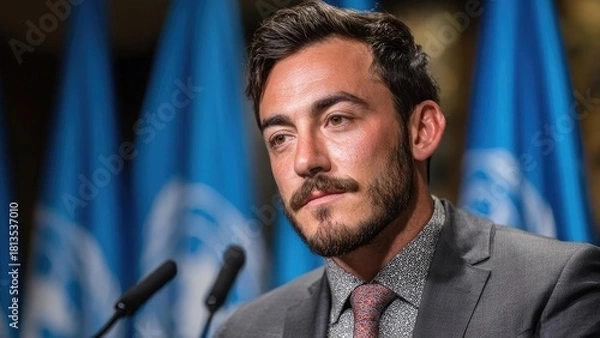 Obraz Bearded man in a gray suit and patterned shirt speaks at a press conference with blue United Nations flags in the background. Concept Bearded man, gray suit, patterned shirt, press conference