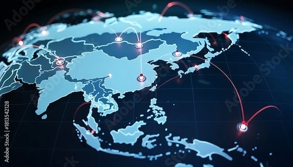 Fototapeta Global network connections illuminating asia and southeast asia with glowing lines and points of light on a dark background