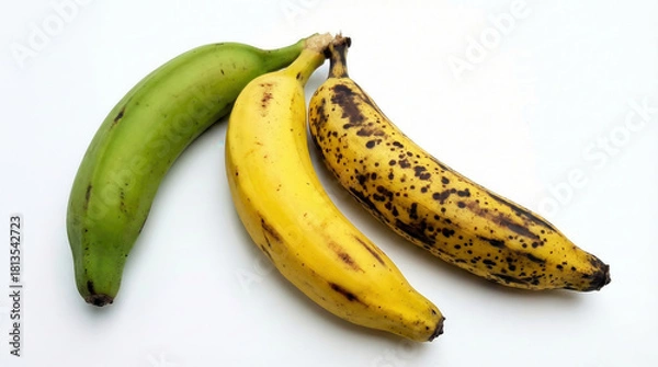 Obraz Three Bananas Showing Ripening Stages from Green to Yellow and Spotted Brown