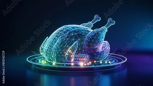 Fototapeta Futuristic glowing neon wireframe hologram of a whole roasted turkey on a serving platter with colorful lights