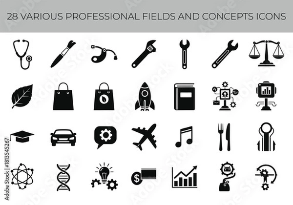 Obraz Collection of 28 various professional fields and concepts icons representing medicine, science, business, travel, and more, isolated on
