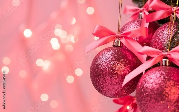 Fototapeta Close up of sparkly pink christmas ornaments with satin bows hanging on a decorated tree with soft bokeh lights in the background