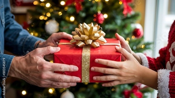 Fototapeta Hands exchanging a beautifully wrapped red christmas gift box with a golden bow in front of a glowing festive tree