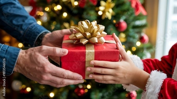 Fototapeta Generous adult hands pass a beautifully wrapped red christmas gift with a golden bow to a child s hands in front of a festive decorated tree