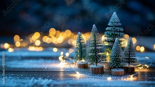 Fototapeta Miniature christmas trees dusted with snow and illuminated by warm bokeh fairy lights on a wooden surface