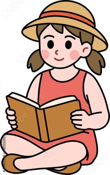 Obraz 밀짚모자를 쓰고 앉아서 책을 읽는 소녀