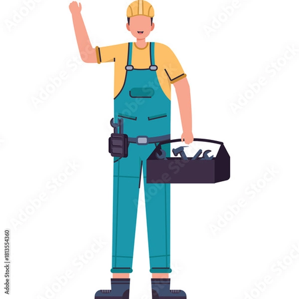 Obraz Male Construction Worker Wearing Yellow Hard Hat Blue Overalls and Yellow Shirt Waving Hello Holding Toolbox with Tools Isolated on White Background