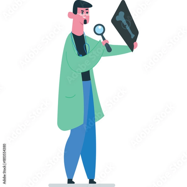 Obraz Male Doctor In Mint Green Lab Coat Examining X Ray Image With Magnifying Glass In Studio Setting Isolated On White Background