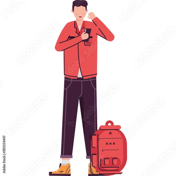 Obraz Man in red shirt and dark pants stands next to red backpack looking at his phone with a transparent background